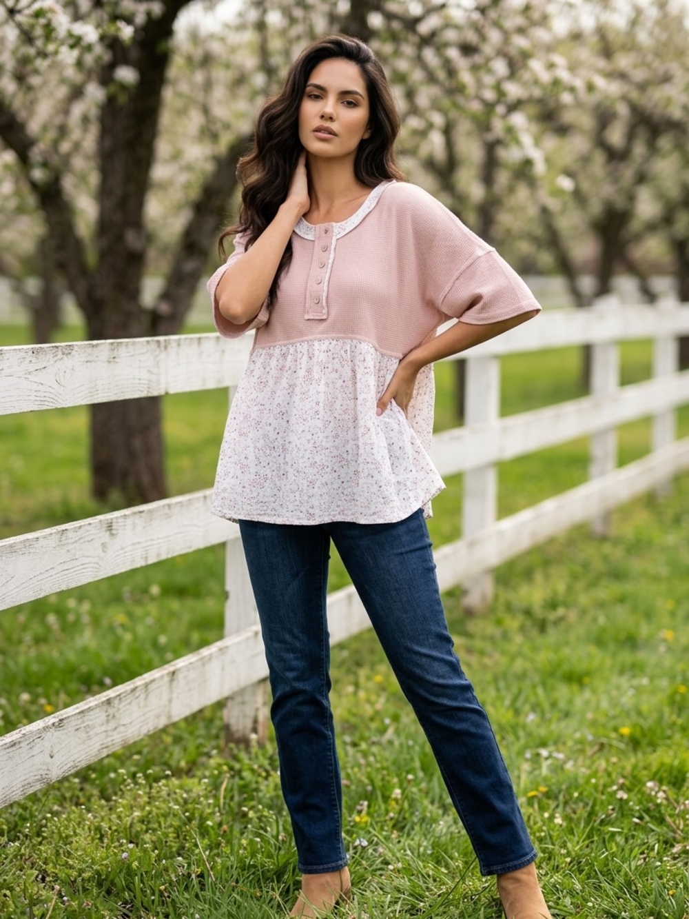Waffle Knit Pink Mixed-Print Peplum Top - Picture 11 of 12